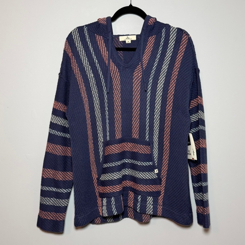 Rip Curl Revival Knit Baja Poncho NWT Navy Blue Coral Striped Hooded 034WKN M